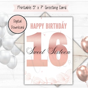 Carte d'anniversaire Sweet 16 pour filles, minimaliste moderne rose or rose, imprimable téléchargement immédiat, impression adolescente à la maison carte de voeux bricolage