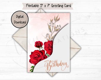 Roses Birthday Card,Floral Birthday Card, Red Roses Card, Birthday Roses, Birthday Gift for Mom, for Friend, for Sister, for Daughter