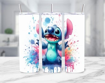 Stitch Skinny Tumbler Wrap PNG, 20 oz Watercolor Splash Digital Design - Instant Digital PNG Download