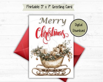 Merry Christmas Card - DIGITAL Download - Beautiful Printable Christmas Card Featuring a Sleigh with Presents