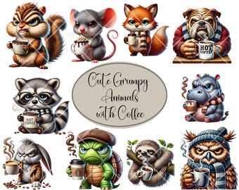 Paquete de 10 imágenes prediseñadas de animales gruñones con café, imágenes prediseñadas de animales lindos, PNG de animales, mascotas de dibujos animados, DESCARGA DIGITAL