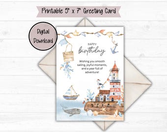 Lighthouse Birthday Card 5x7 DIGITAL DOWNLOAD. Watercolor Lighthouse. Card for him. Card for her. Printable card.