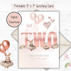 Deuxième carte d'anniversaire de petite fille, petite-fille et nièce, 2e carte d'anniversaire de lapin de fille