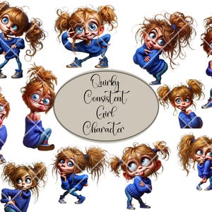 May include: A digital illustration of a quirky girl character with different expressions and poses. The girl has blonde hair, blue eyes, and is wearing a blue sweater. The text "Quirky Consistent Girl Character" is written in a decorative font.