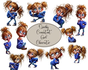 11 Quirky Consistent Girl Character PNG Clipart. DIGITAL DOWNLOAD