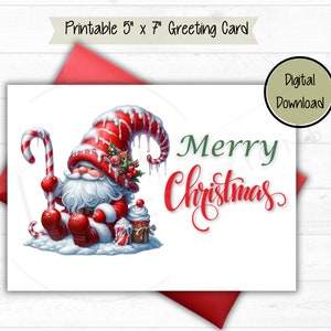 Biglietto di auguri natalizio con gnomo a forma di bastoncino di zucchero - Download DIGITALE - Bellissimo biglietto di Natale stampabile - Stampa 8,5x11 Tagliato a 5 x 7 pollici biglietto piegato