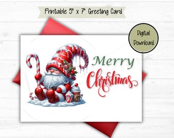 Merry Christmas Candy Cane Gnome Card - DIGITAL Download - Beautiful Printable Christmas Card - Print 8.5x11 Cut to 5 x 7 inch folded card