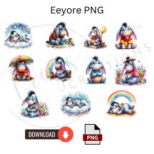 Eeyore Watercolor PNG Bundle, Eeyore PNG Clip Art, Instant Download, Eeyore Cartoon Character, Winnie the Pooh