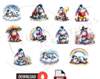 Eeyore Watercolor PNG Bundle, Eeyore PNG Clip Art, Instant Download, Eeyore Cartoon Character, Winnie the Pooh