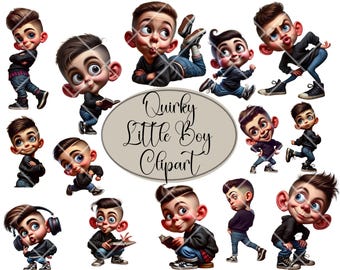 Peut inclure: Un ensemble de 12 images clipart numériques représentant des garçons de dessin animé excentriques dans diverses poses. Les garçons portent des vêtements décontractés et ont des traits exagérés, comme de grands yeux et des expressions loufoques. Le texte "Quirky Little Boy Clipart" est affiché au centre de l'image.