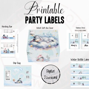 May include: Printable party labels featuring a blue and white winter scene with a sleeping Eeyore. The labels are for Hershey bars, chip bags, Nabisco Oreos, and water bottles. The text "Printable Party Labels" is at the top of the image. The text "Digital Download" is at the bottom of the image.