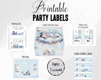 Eeyore Theme 8x8x4 Christmas Box. DIGITAL DOWNLOAD. Includes 4 Party Favors: Chip Bag, Candy Bar, Oreos, and Water Bottle Labels