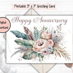 Tarjeta de feliz aniversario - Descarga DIGITAL - Tarjeta de aniversario con flores de acuarela imprimible - Tarjeta de aniversario imprimible