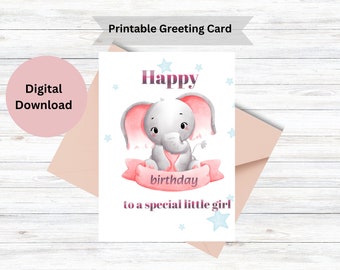 Peut inclure: Carte de vœux numérique avec une illustration d'éléphant bébé. La carte présente une bannière rose avec le texte "Happy birthday to a special little girl". La carte est accompagnée d'une enveloppe rose. Le texte "Printable Greeting Card" est en haut.