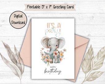 Elephant digital download birthday card 5x7