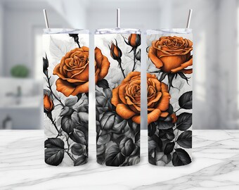 Black and Orange Roses Floral tumbler, 20oz Skinny Tumbler Design Tumbler PNG File Digital Download, Colorful Flowers png