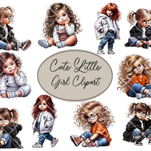 Lot de 10 cliparts petite fille mignonne, illustration fantaisiste, clipart aquarelle imprimable, créations en papier, fabrication de cartes, scrapbooking