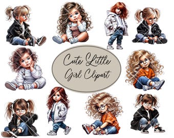 10 Cute Little Girl Clipart Bundle, Whimsical Illustration, Printable Watercolor clipart, Paper craft,  Card Making, Scrapbook