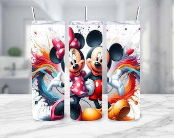 Mickey and Minnie Mouse Skinny Tumbler Wrap PNG, 20 oz Watercolor Splash Digital Design - Instant Digital PNG Download