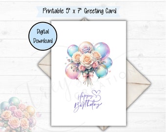 Carte d'anniversaire florale avec de belles roses pastel et des ballons, jolie carte d'anniversaire pour elle
