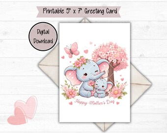 Peut inclure: Carte de vœux imprimable de 12,7 cm x 17,8 cm représentant une mère et son bébé éléphant avec des fleurs roses et un cerisier en fleurs rose. La carte dit "Joyeuse fête des mères".