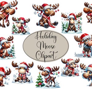 12 Adorable Whimsical Christmas Holiday Moose Clipart PNG. Cute Moose with Santa Hat and Holiday Lights. DIGITAL DOWNLOAD.