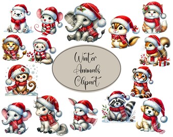 15 PNG, Winter Animals Clipart Bundle, Christmas Graphics, Cute Holiday Animals Printables, DIGITAL DOWNLOAD