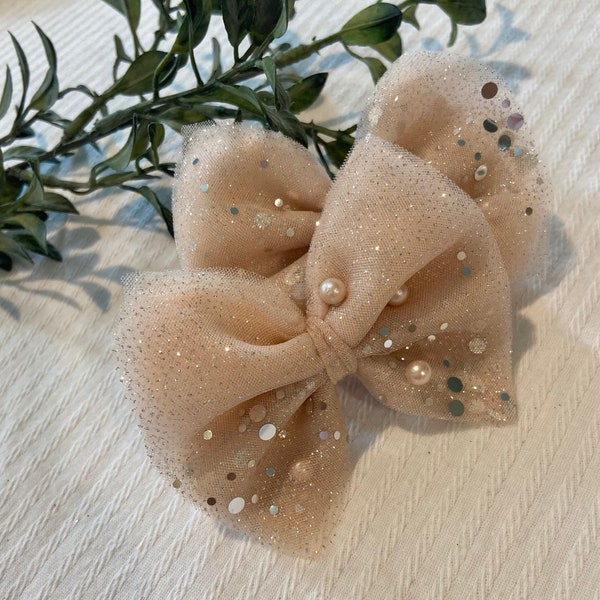 PEARL TULLE BOW w/ glitter (pair)- Toddler bow, Flower girl bow, Hair clip, Christmas Bow gift