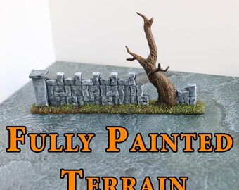 Painted Ruined Wall with Gnarly Tree for miniature games, role-playing, DnD, Warhammer.