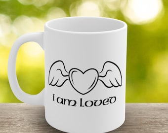 I Am Loved-bevestigingsmok, minimalistische affirmatiemok, mok positieve affirmaties zelfliefde, zelfzorg cadeaumok, inspiratie motivatiemok