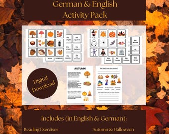 Autumn Bilingual ESL DaF Learning Game, English German Vocabulary Reading Activities, Language Learning Printable Worksheets, Halloween