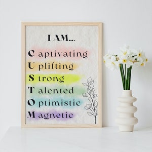 Custom Affirmation Poster, Watercolor Affirmations Wall Art, Rainbow I am Affirmations Personalized Poster, Positive Affirmations Printable