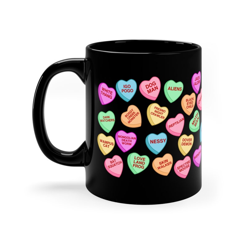 Cryptid Candy Heart Mug, Candy Hearts, Valentine Coffee Mug, Valentine Gift, Heart Mug, Cryptid Gift, Gift for Cryptid Lovers, Cryptid Mug image 2