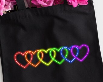 Neon Heart Tote Bag, Rainbow Heart Tote, Neon Sign Bag, Queer Gifts, Queer Tote Bag, Pride Flag Tote, Tote for Pride