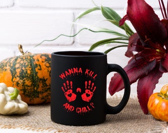 Taza Kill and Chill, taza de terror, regalo de terror, regalo de terror para San Valentín, regalo de San Valentín, regalo de película de terror, taza de Halloween