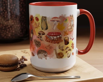 Herbst Becher, gemütliche Herbst Dekor, Herbst Aquarell Collage Kaffeebecher, Geschenke Herbst, gemütliche Herbst Geschenk, niedlichen Herbst 15 Unzen Becher