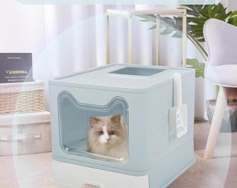 Cat Litter Box with Drawer Pan and Scoop, Large Space Foldable Litter Tray with Lid,Hooded Cat Litter Tray,Litter Tray, 51 x 41 x 38cm,Blue