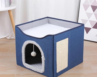 Cat Bed for Indoor Cats Foldable Cube Cat House Indoor Multifunctional Large Cat Cave for Cat with Scratch Board and Fluffy Ball for Pets