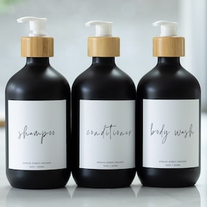 Refillable Shampoo, Conditioner, Body Wash Bottles: Black Matte Bathroom Set