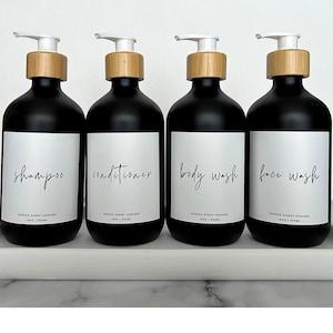 Refillable Shower Bottle Set: Black Matte with Bamboo Accent