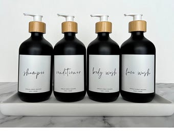 Refillable Shower Bottle Set: Black Matte with Bamboo Accent