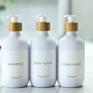 Refillable Shampoo Conditioner Body Wash Bottles: Modern White Bamboo Accent