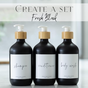 Refillable Shower Dispenser Set: Black Bottles with Bamboo Accents