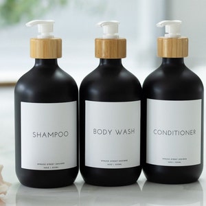 Refillable Shower Bottles: Modern Black Shampoo, Conditioner, Body Wash - Set of 3