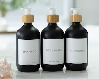 Refillable Shower Bottles: Modern Black Shampoo, Conditioner, Body Wash - Set of 3