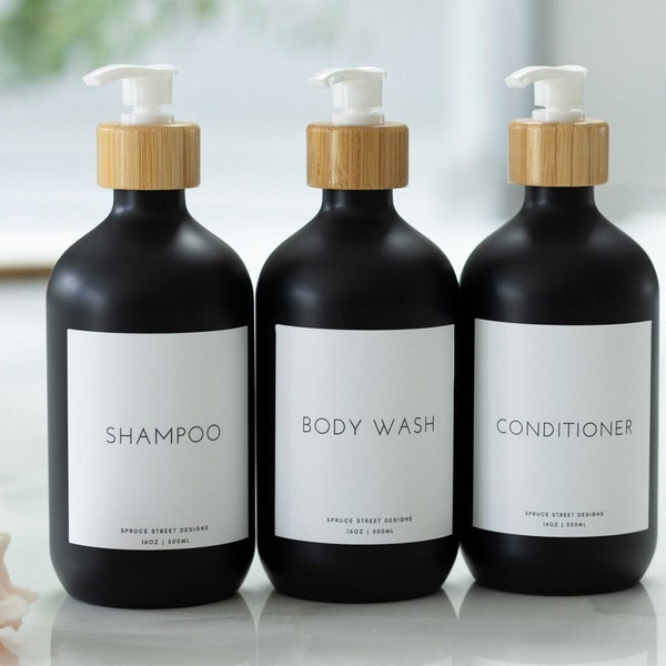 Matching Shower Bottles | Refillable Shampoo, Conditioner and Body Wash Bottles | Set of 3 | Modern Black