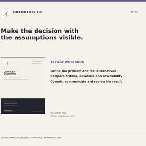 May include: A 16-page digital workbook titled Confident Decisions by Shutter Lifestyle. The document features a cream background with dark text, including the phrases Make the decision with the assumptions visible, Define the problem, and US Letter PDF.