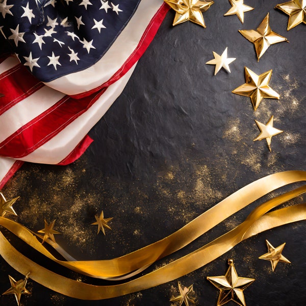 Patriotic Background w American Flag on Black Background with Gold Stars an Ribbon For Women Men Clothes Mugs Planner Tumbler