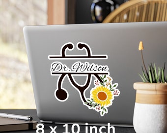 Vinyl Decal Healthcare Worker Sticker Custom Name Doctor Nurse Sunflower Stethoscope Label Physician Assistant Decal Nurse Practitioner