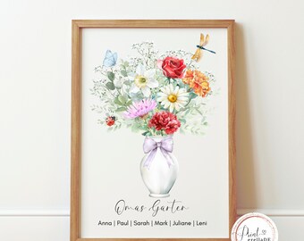 May include: A watercolour painting of a bouquet of flowers in a white vase with a purple bow. The flowers are red, pink, white, and yellow. The vase is on a white background. The text "Omas Garten" is below the vase, and the names "Anna | Paul | Sarah | Mark | Juliane | Leni" are below the text.